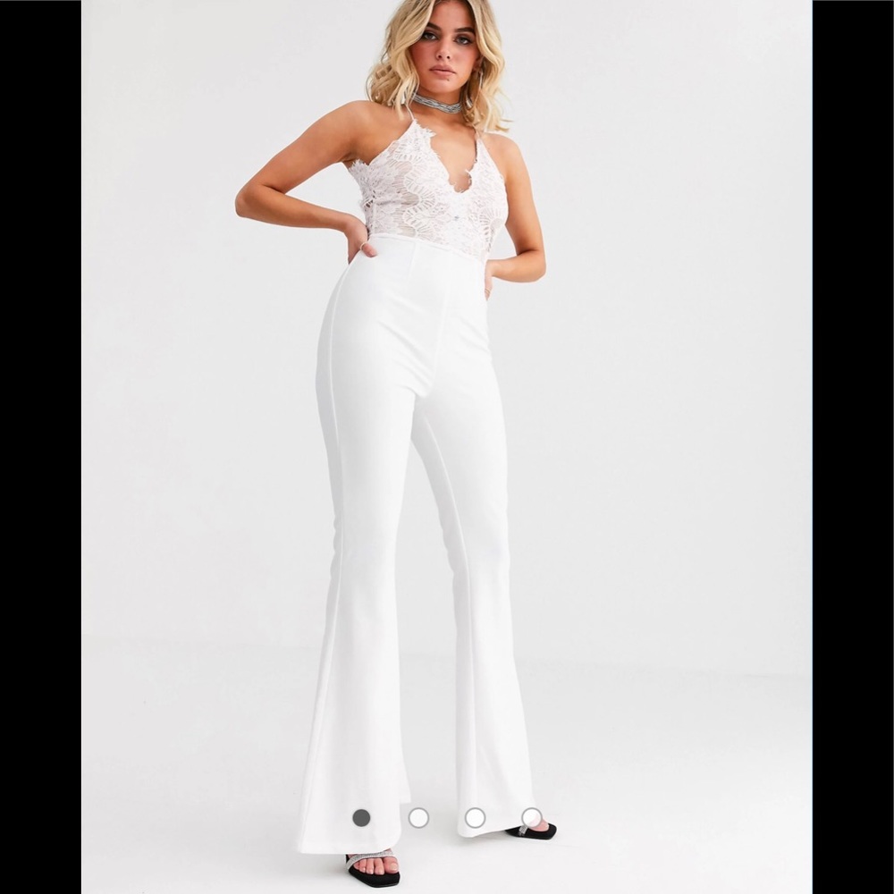 Rare London lace plunge front top wide leg jumpsuit in white. - Picture 4 of 4